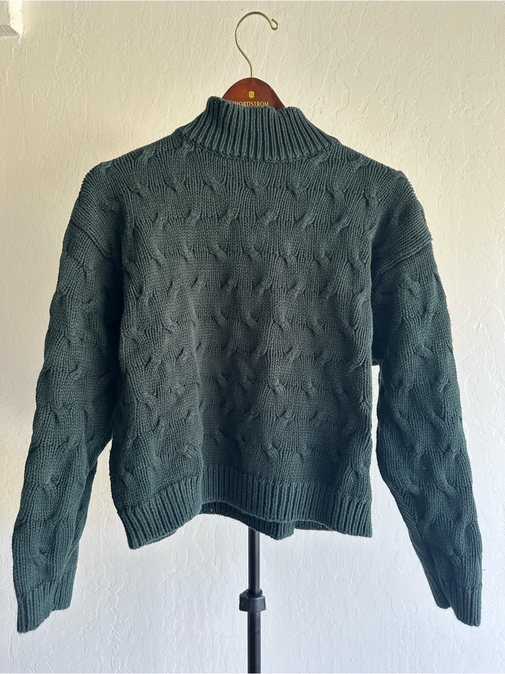 Ann Taylor Dark Green Cable Knit Mock Neck Sweater